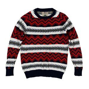 O' Hanlon Mills Chevron Stripe Knit Sweater Red Navy White XS Retro Crewneck